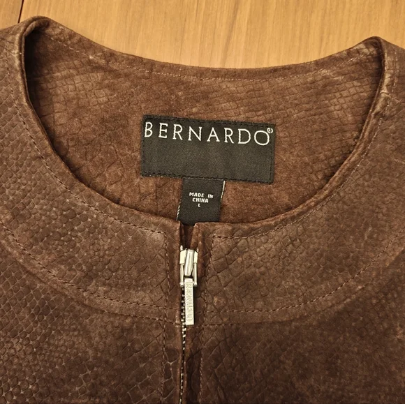 Bernardo Suede Chocolate Brown Moto Jacket Embossed Leather Reptile Womens Large - Picture 2 of 5